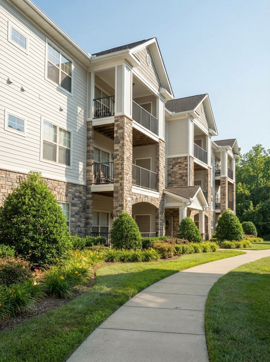 Clean three-story apartment building with stone columns and balconies
