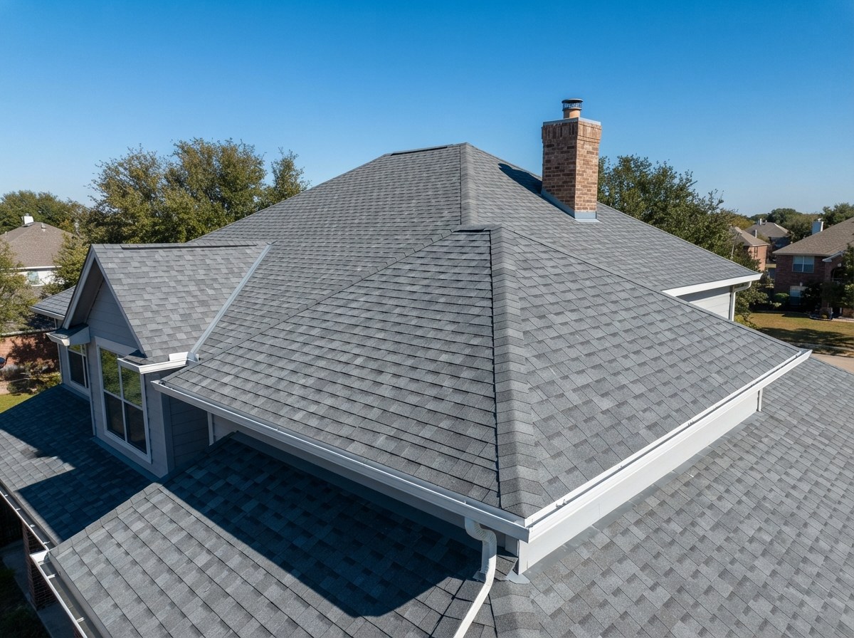 Clean gray shingle roof with a brick chimney